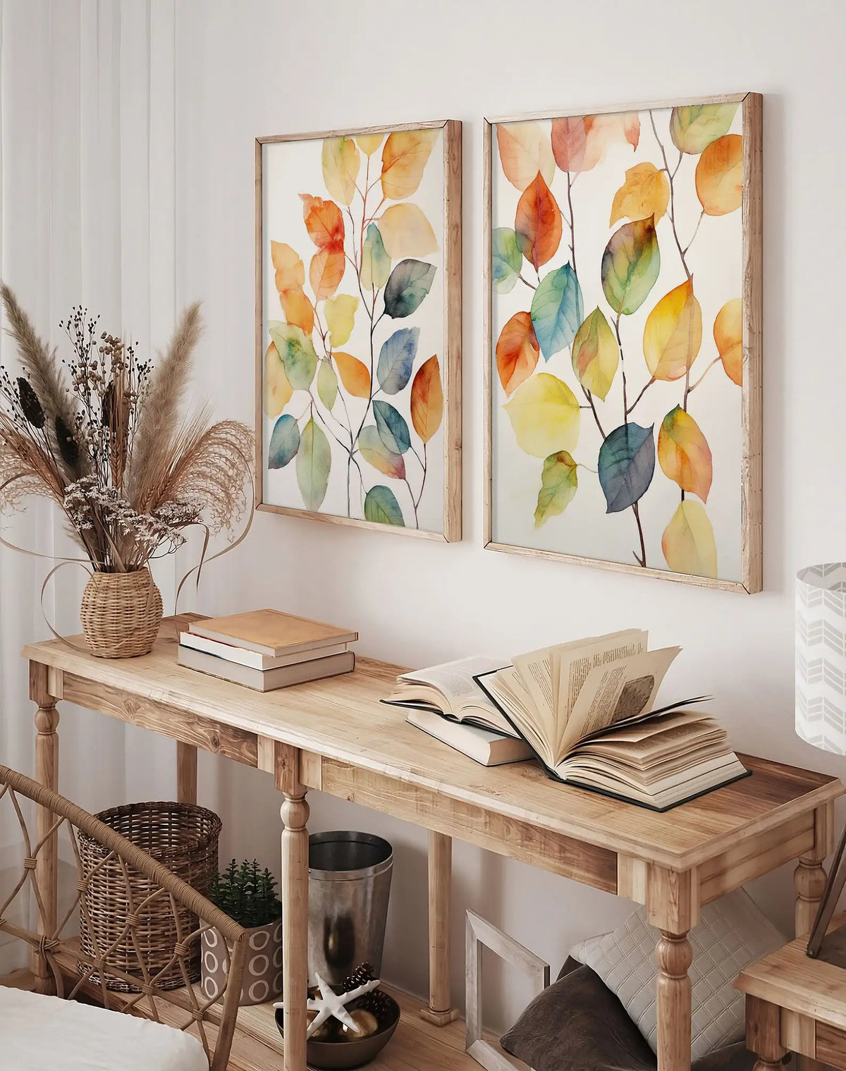 affiches modernes toile feuilles colorées automne sans cadre vert orange bleu brun paysage vertical