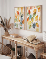 affiches modernes toile feuilles colorées automne sans cadre vert orange bleu brun paysage vertical