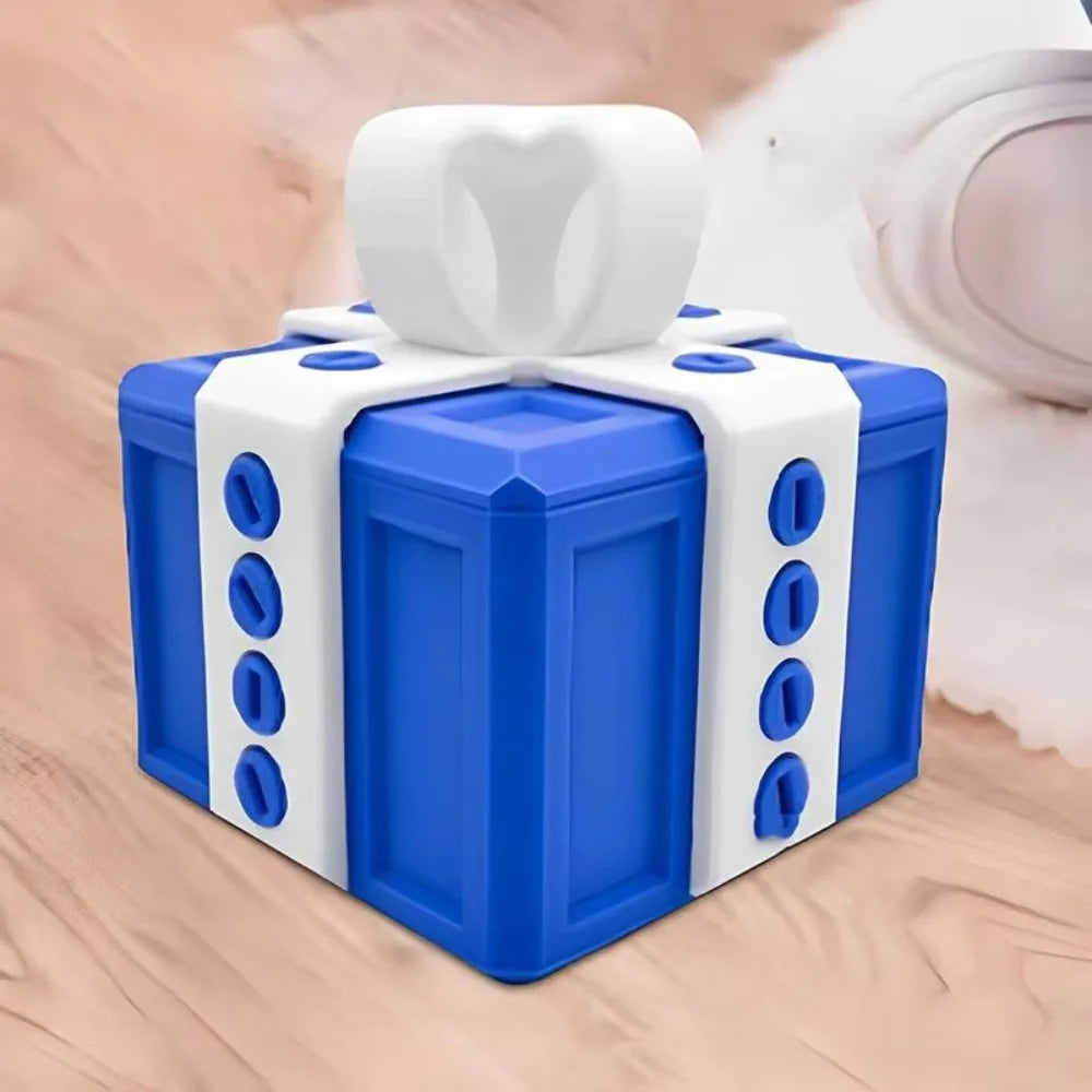 boîte cadeau moderne bleu rouge clips boutons dorés jeu farces