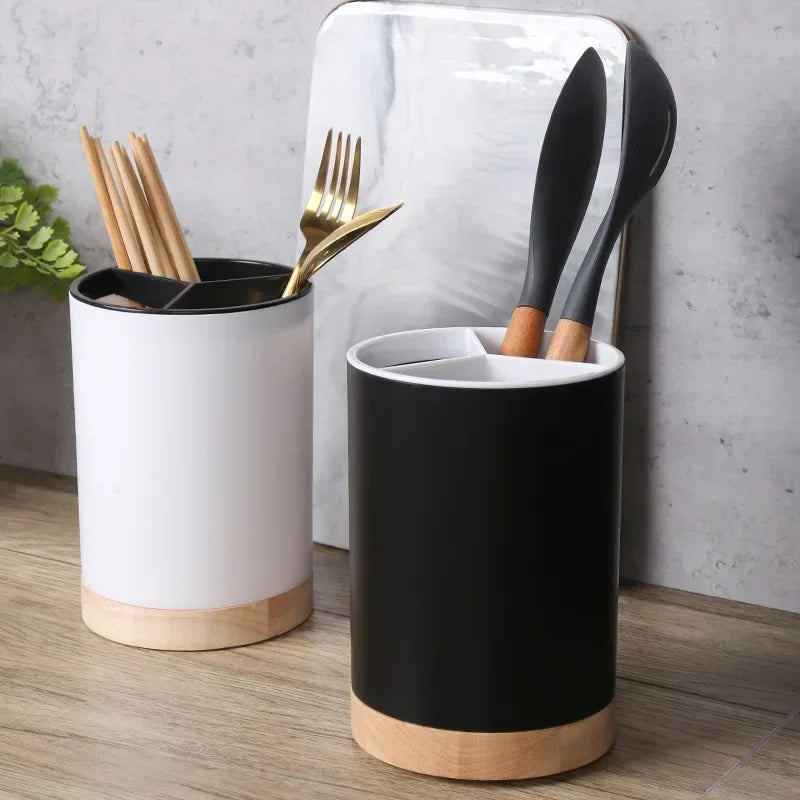 porte ustensiles cuisine blanc noir moderne minimaliste rangement vaisselle spatules cuillères fourchettes bois naturel