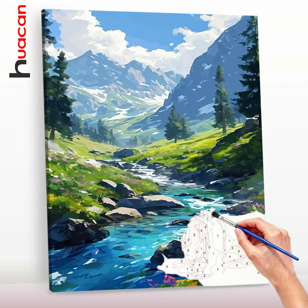tableau peindre paysage montagneux rivière arbres toile peinture propylène pinceaux guide decoration maison