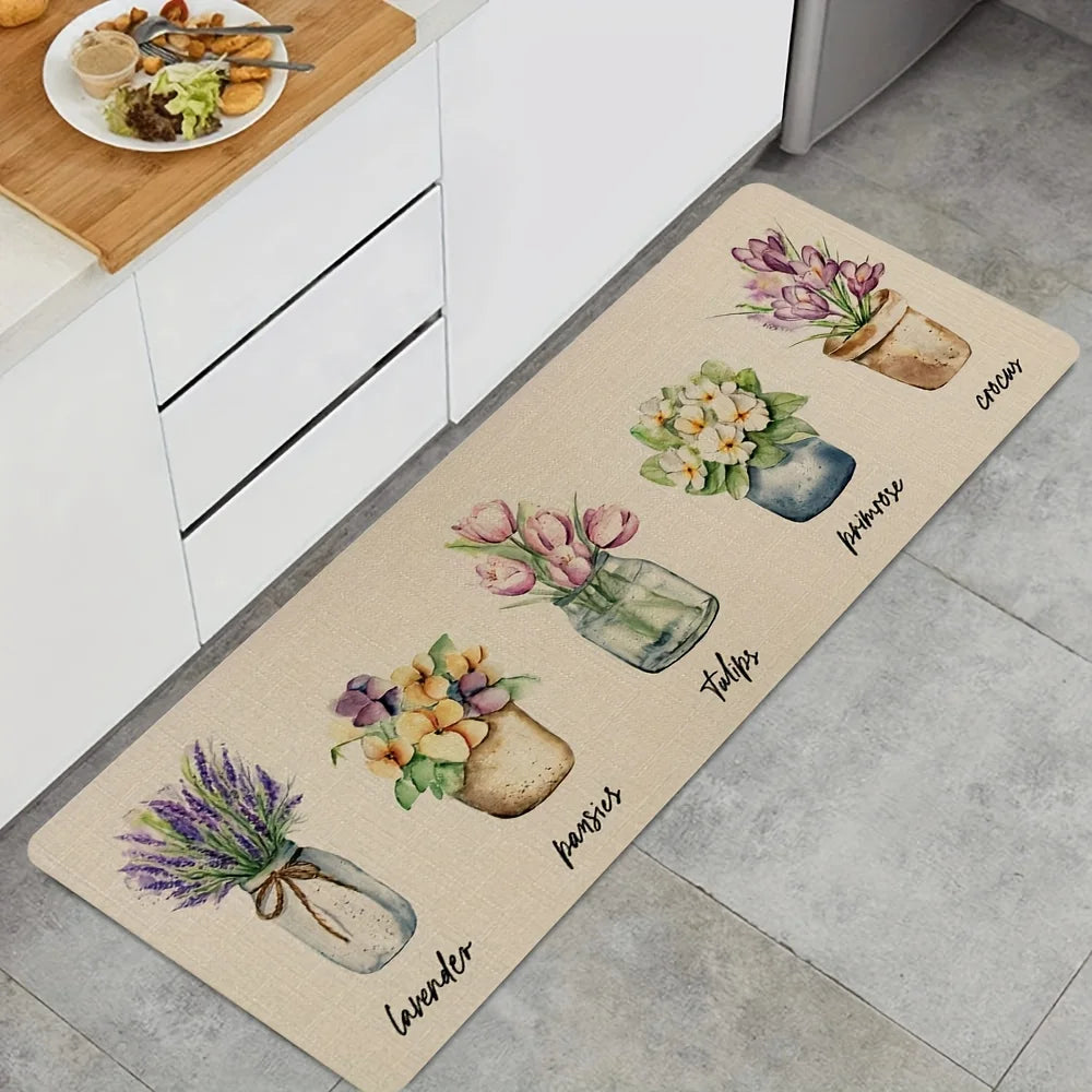 tapis fleurs pots tulipes lavande imperméable antidérapant cuisine salle bain intérieur
