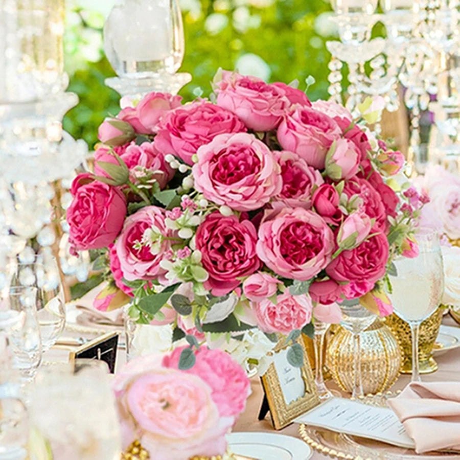 décoration intérieure bouquet fleurs artificielles roses feuilles romantique blanc rose vert mariage anniversaire