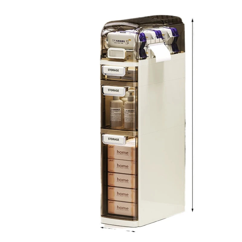 rangement salle bain moderne étages adhésif compartiments transparent beiges gris produits toilette papier serviettes