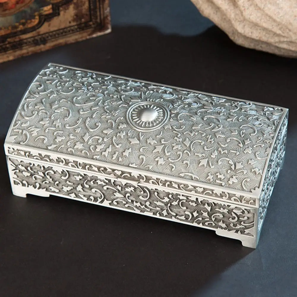 boîte bijoux métal rectangle vintage ornements floraux argenté élégant portable durable