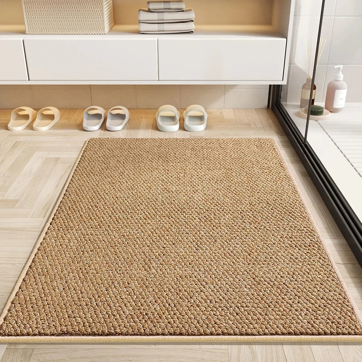 tapis moderne anti dérapant durable polyester texture tissée beige clair intérieur salon