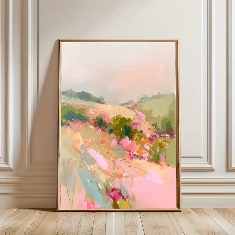 tableau abstrait moderne toile fleurs sauvages couleur rose vert beige gris blanc paysage impressionniste