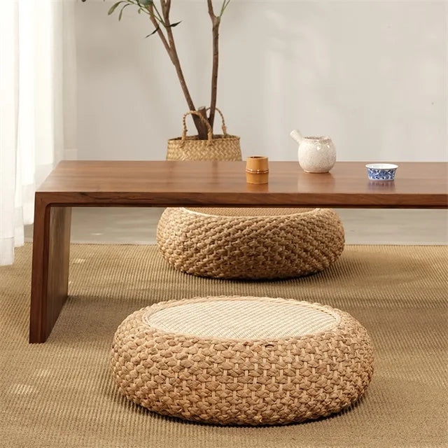 coussin sol rond tissé main paille mousse pu anti décubitus opaque rustique beige brunclair
