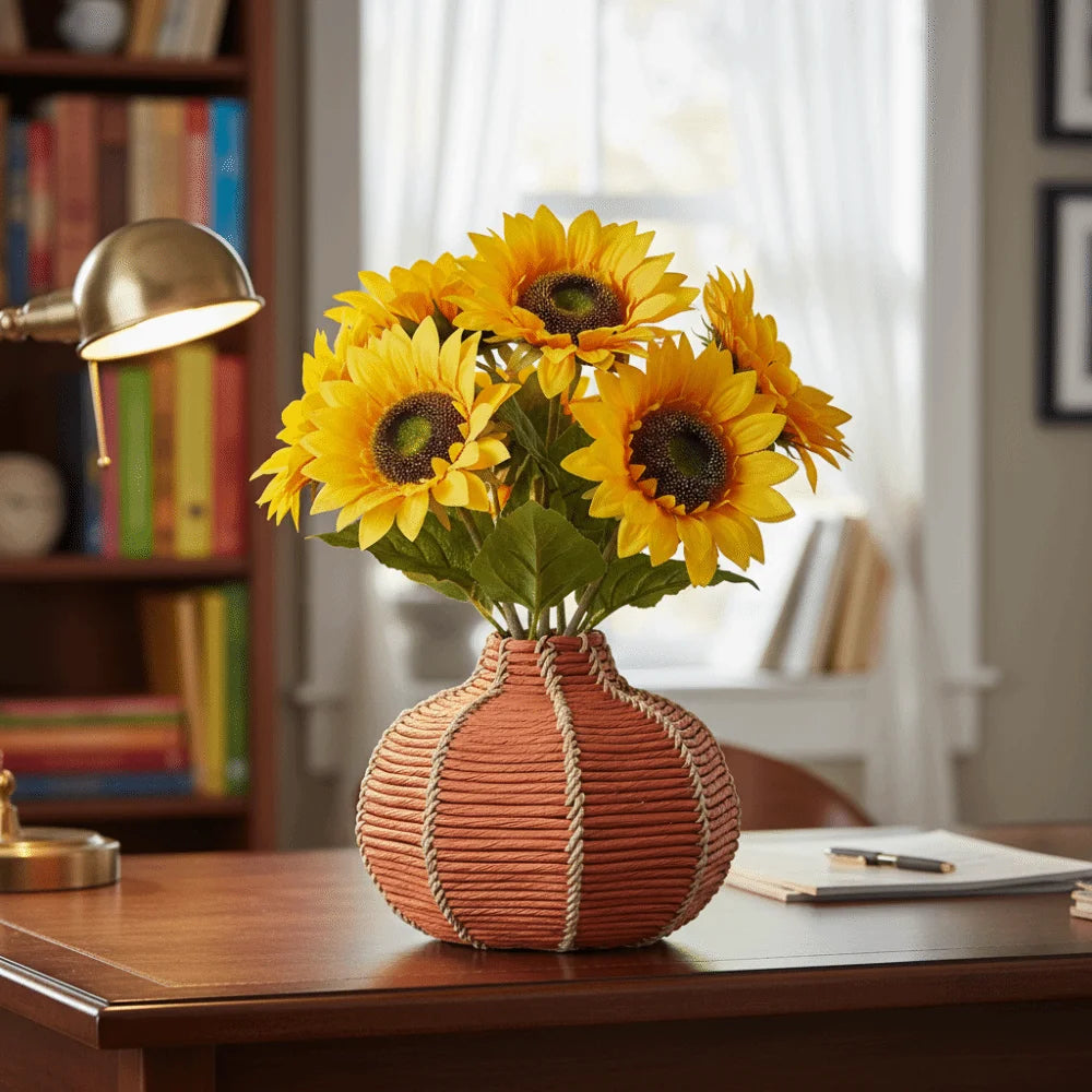 vase tissé rustique vert orange marron clair artisanal fleurs décoration maison
