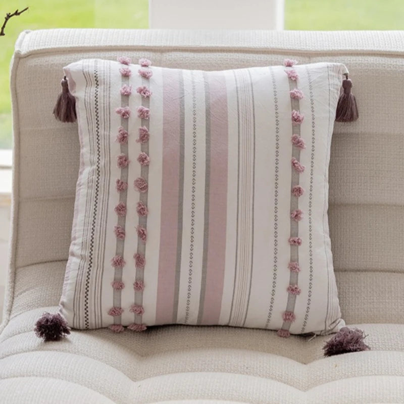 coussin moderne rayé 30x90cm pompons dorés bohème arc ciel pastel