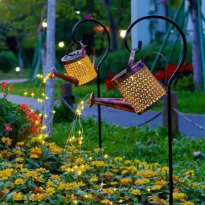 arrosoir lumineux solaire or noir artisanal rustique interrupteur panneau solaire crochets métalliquesextérieur led jardin