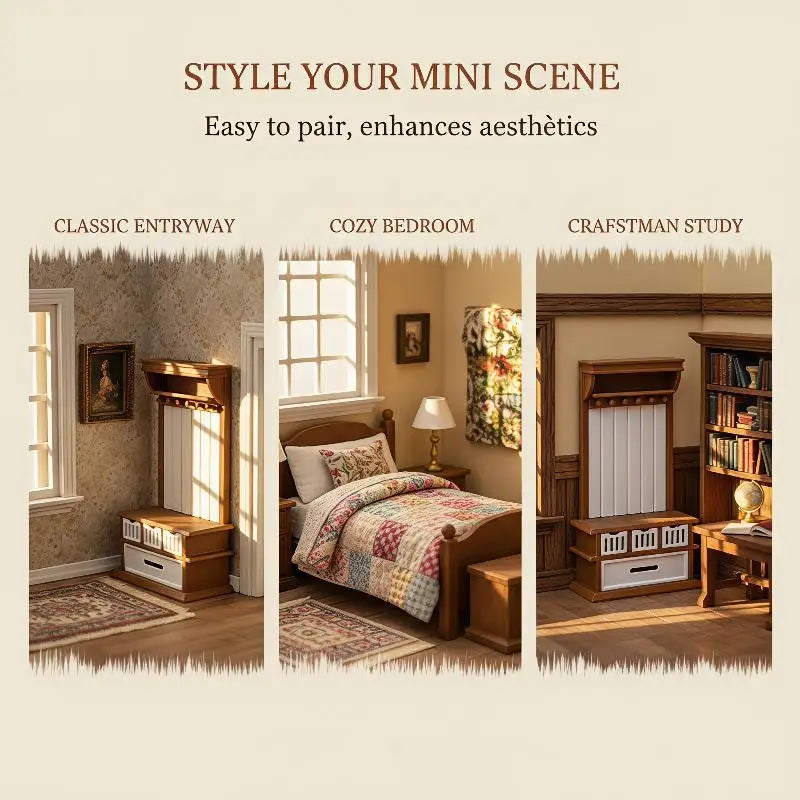 miniature rack manteaux texture bois classique marron clair blanc accessoire poupée chambre poupée décoration