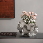 vase céramique moderne vert gris blanc texture coquille motifs floraux 32cm 26cm