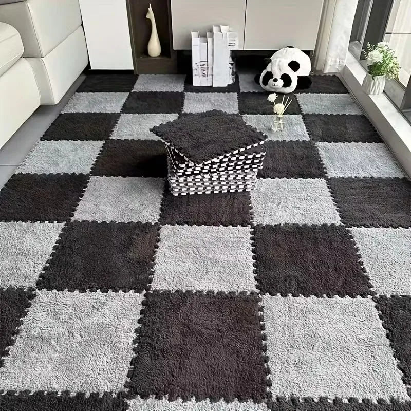 tapis modulable carreaux géométriques gris blanc doux moelleux moderne clips 30cm 30cm