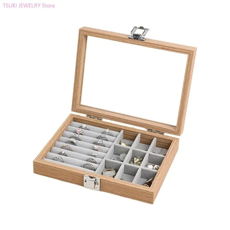 boîte bijoux bois naturel moderne cadenas 20cm 15cm 15cm rangement bagues boucles d'oreilles gris