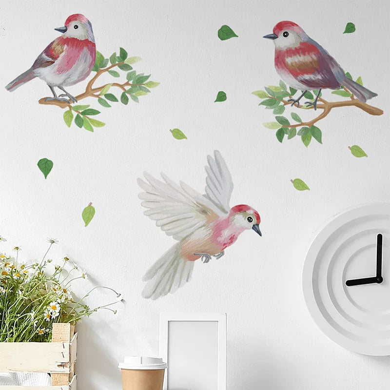 sticker mural oiseaux stylisés illustration auto adhésif rouge blanc vert gris