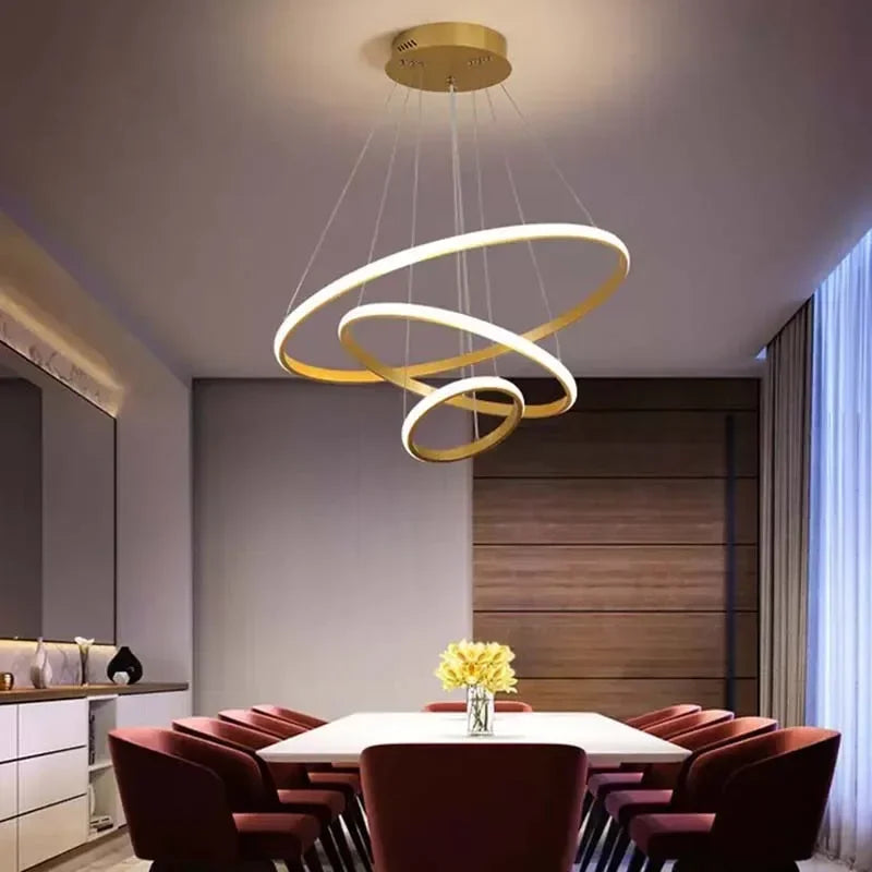 lustre moderne minimaliste suspension câbles noir or blanc concentrique led chambre salon