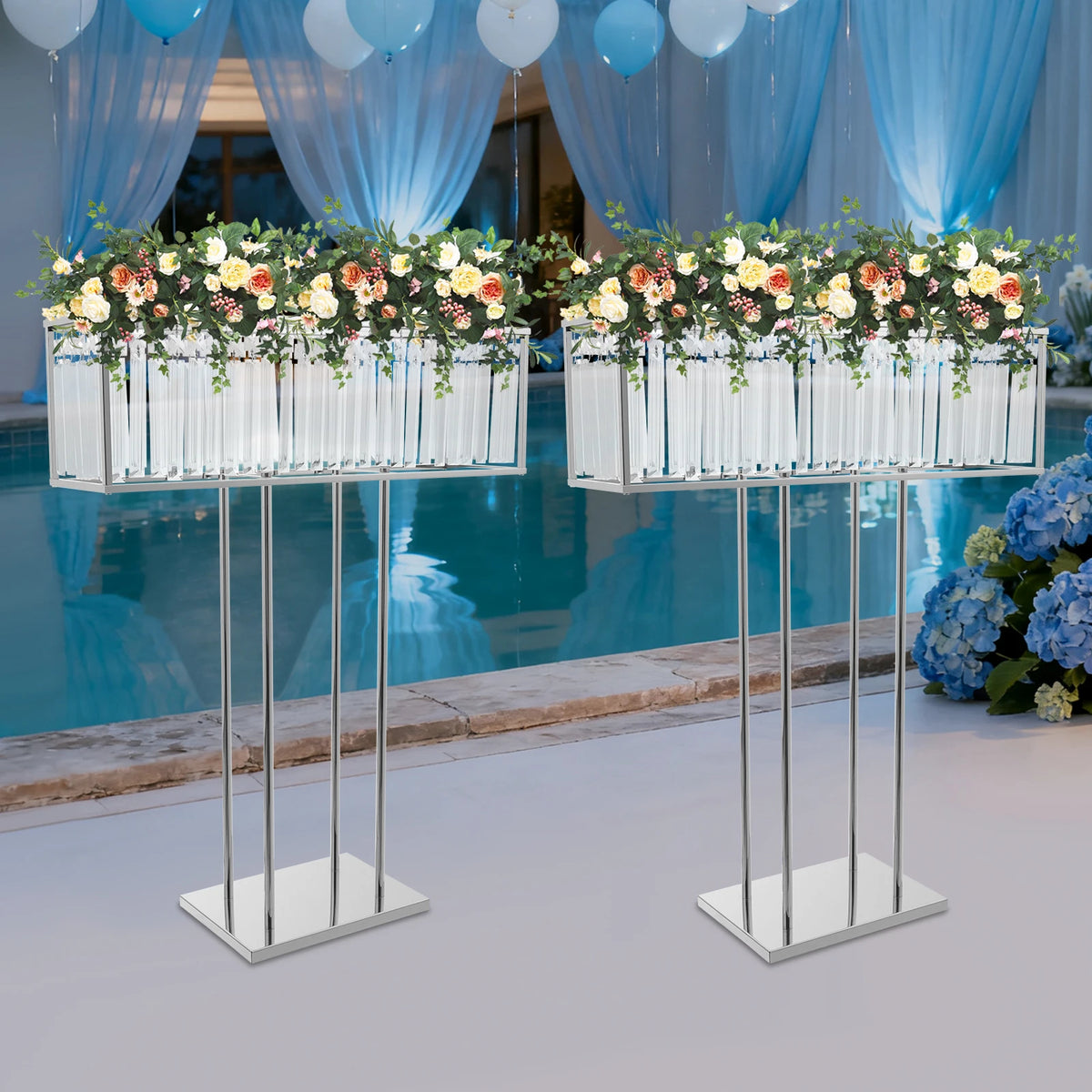 supports fleurs transparents argentés décoration événementielle moderne draperies ballons