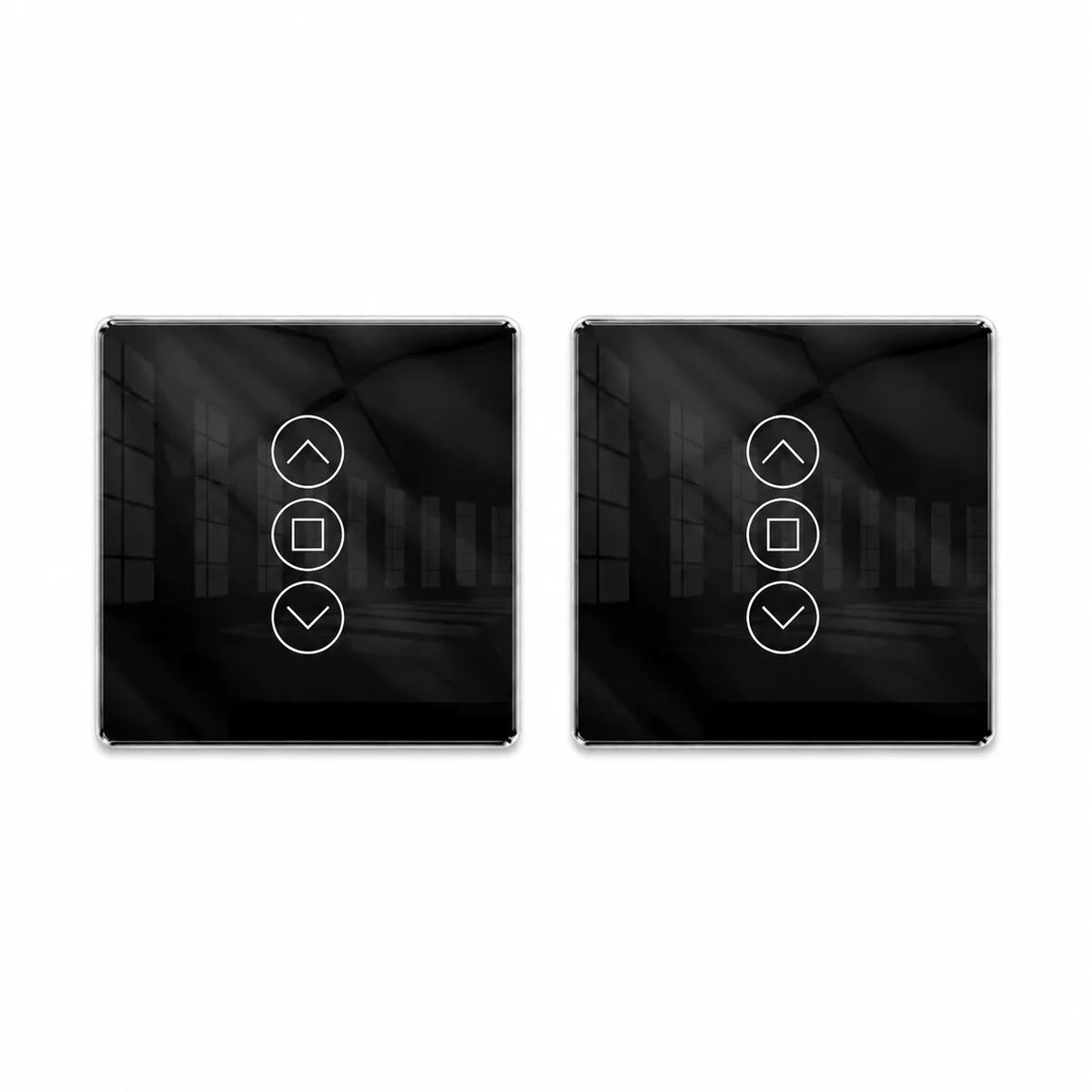 commutateur intelligent rideau controle tactile noir blanc application smartphone flèches haut bas arrêt moderne