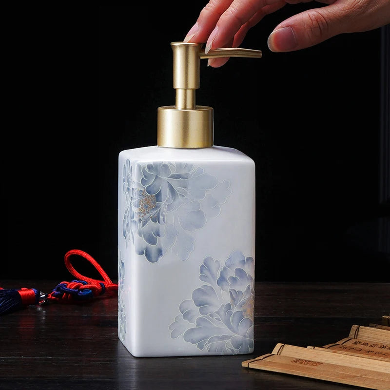 distributeur savon liquide céramique blanc bleu fleurs classique salle bains 280ml 450ml