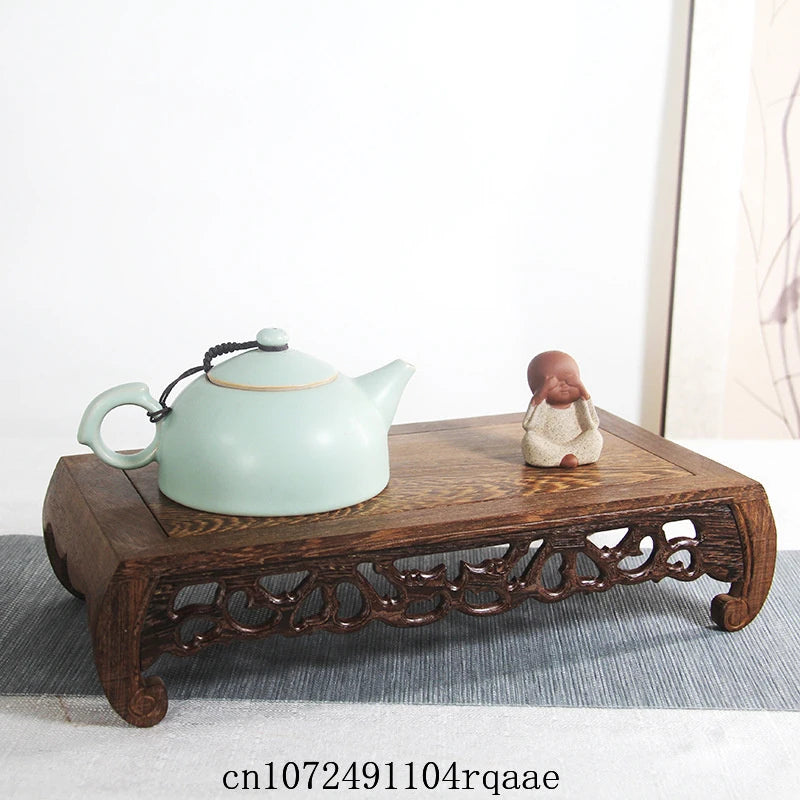 support bois sculpté motifs floraux traditionnel marron foncé objets décoratifs affichage thé