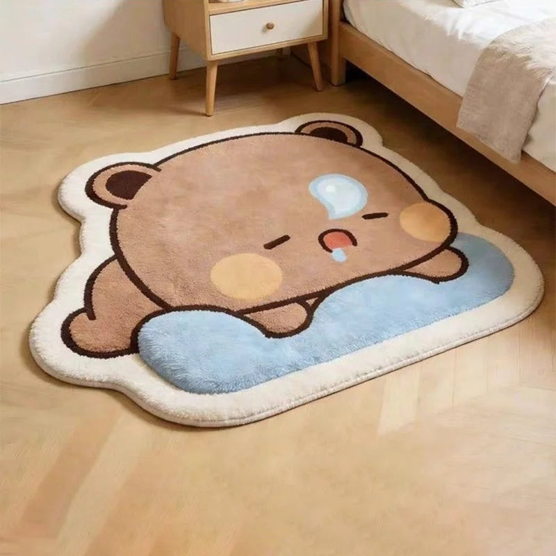 tapis peluche ours endormi dessin animé blanc marron bleu vert cartoon doux confortable chambre