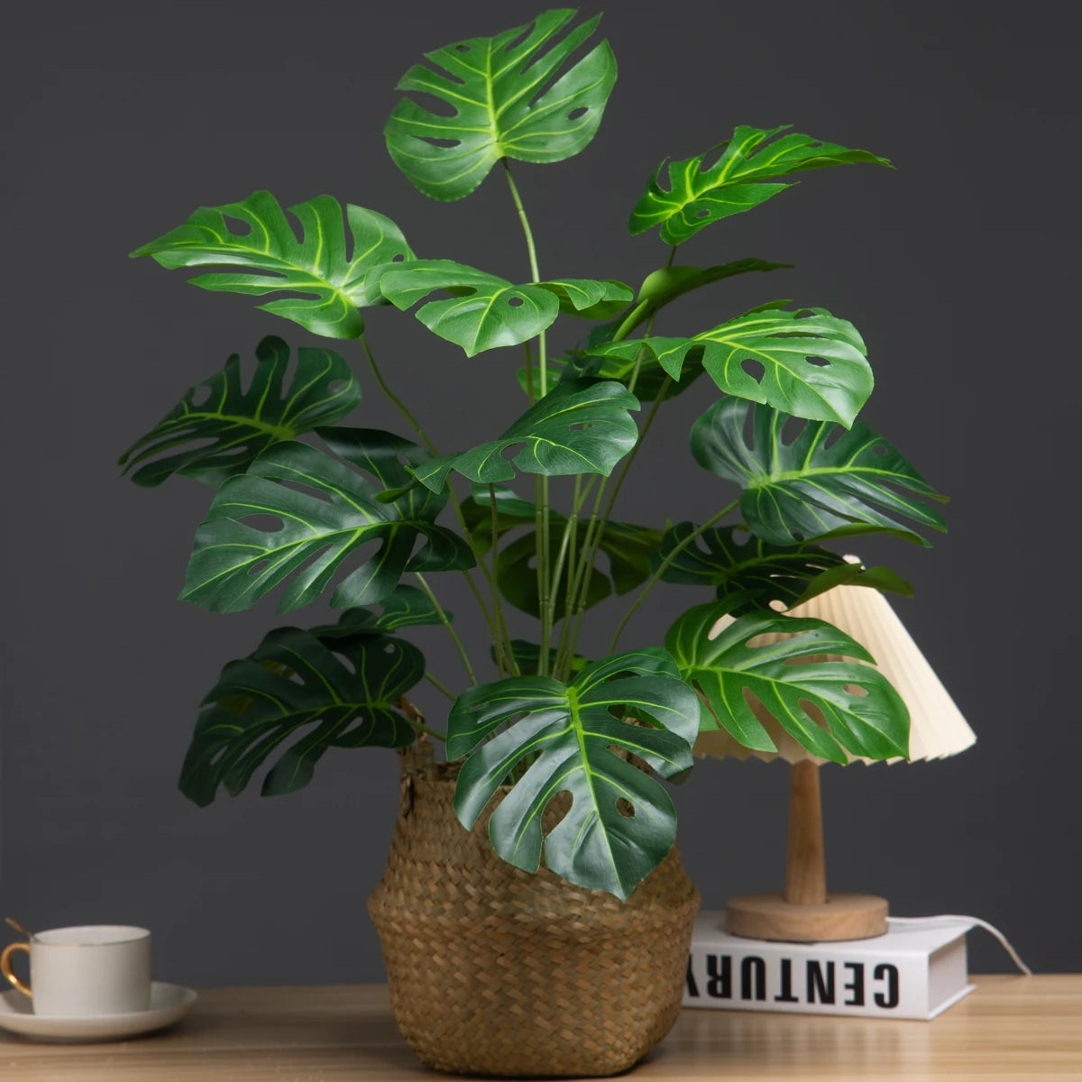 plantes artificielles monstera vertes feuilles perçées pot tressé décoration extérieure intérieure 65cm 18 feuilles