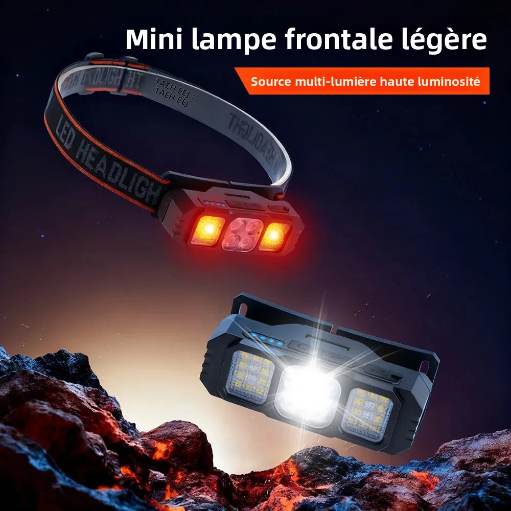 lampe frontale led rechargeable camping noir gris orange bandes imprimées indicateur batterie modifiable ceinture