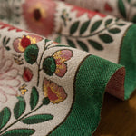 L'image montre un gros plan sur un motif floral coloré brodé sur un tissu beige et vert.