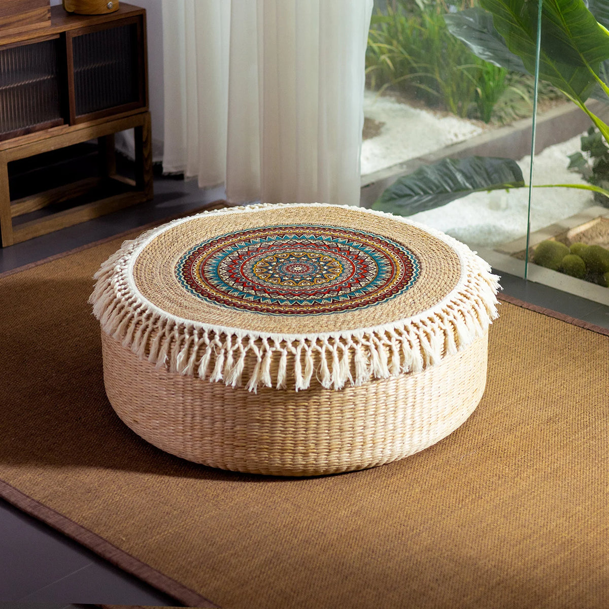 coussin sol bohème tissé franges blanches beige clair anti décubitus remplissage coton paille