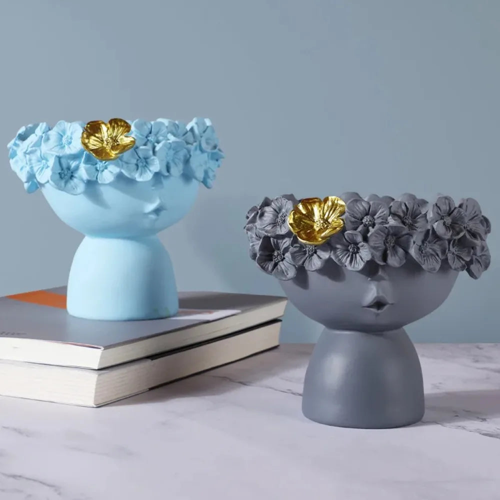 vase moderne tête humaine blanc noir bleu gris rose doré fleurs artificielles minimaliste