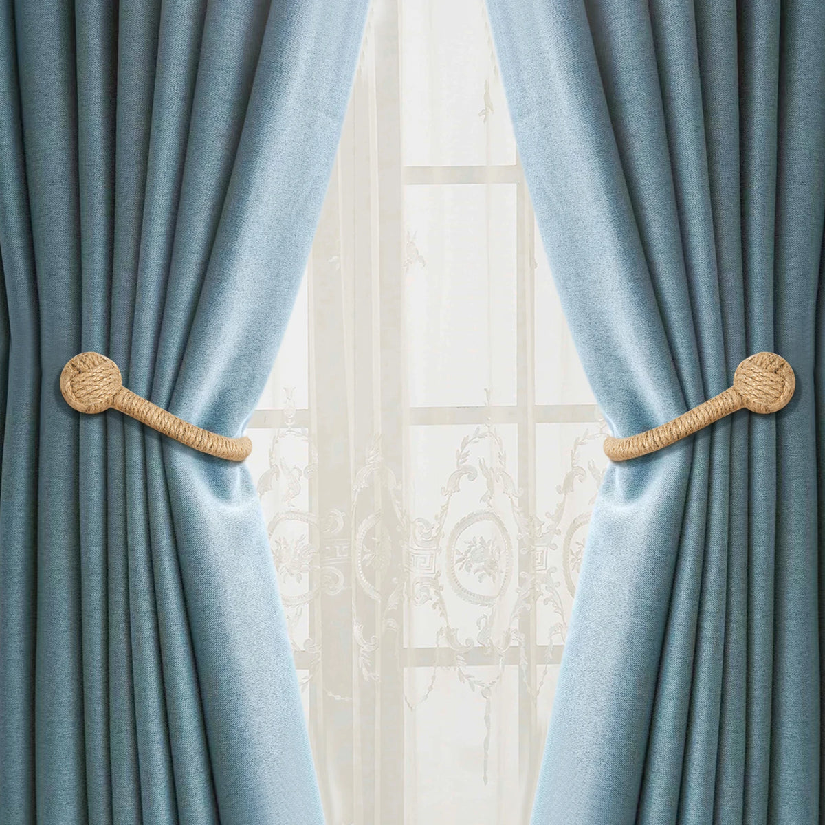 boucle rideau beige bleu clair corde tressée rustique double trous fixations accessoires voilures chambre