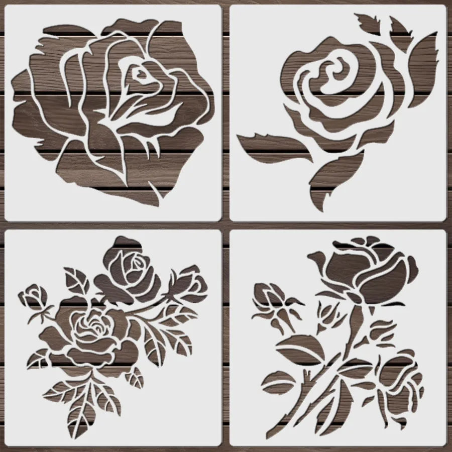 pochoirs fleurs roses stylisées vintage art floral peinture toile tissu diy blanc noir