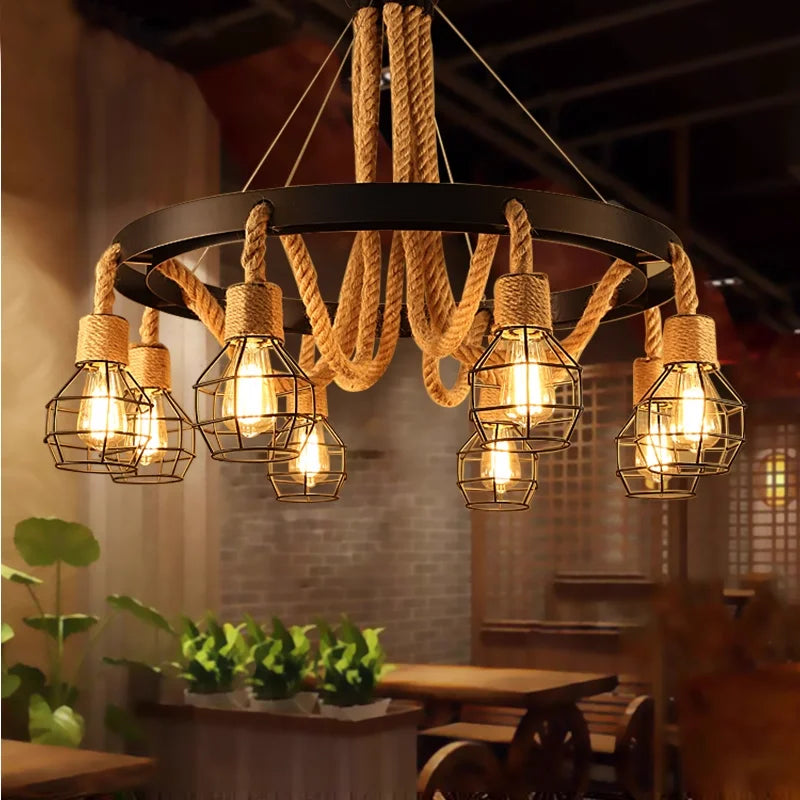 suspension lumineuse industrielle vintage corde naturelle métal noir ampoules opacité