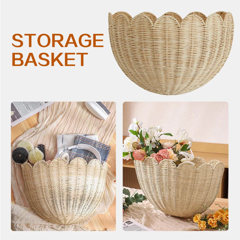 panier rangement tressé bambou beige clair fixé mur traditionnel farmhouse boho