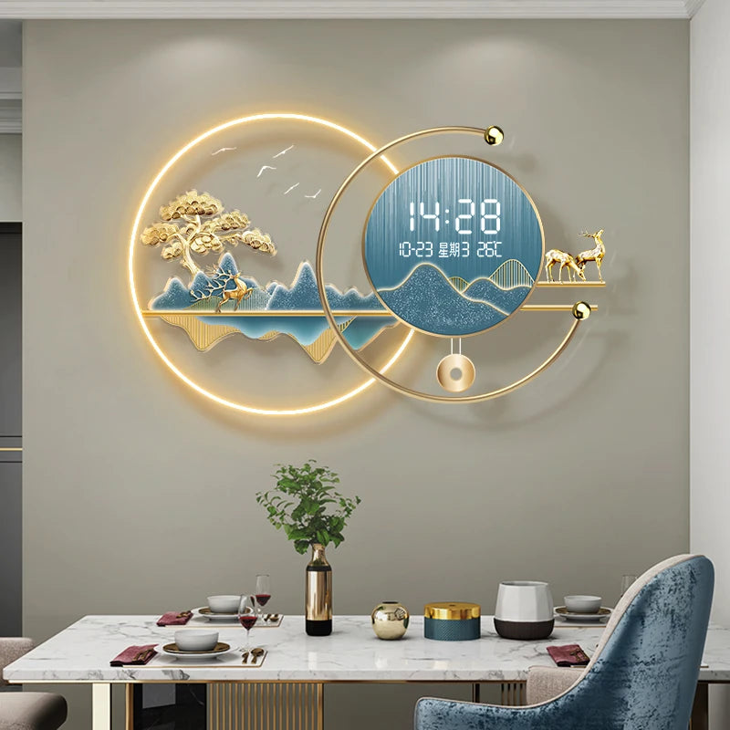 horloge murale moderne décorative paysage montagne arbres oiseaux cerfs dorés acrylique grande taille