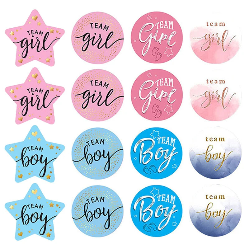 étiquettes autocollantes team girl team boy coeurs dorés motifs abstraits moderne élégants rose bleu