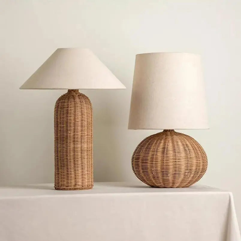 lampe table moderne tressée rotin abat jour beige ampoules led 27cm 45cm marron clair