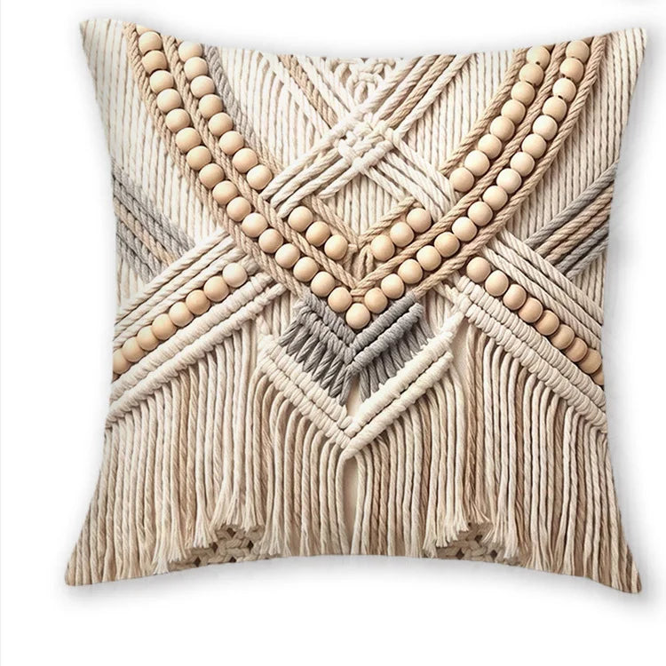 housse coussin macramé boho chic franges beige gris 40x40cm 45x45cm 50x50cm 60x60cm polyester