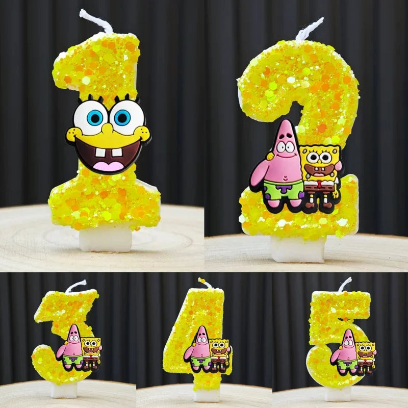 bougies forme chiffres spongebob patrick star anniversaire enfant decoration theme cartoon jaune orange blanc