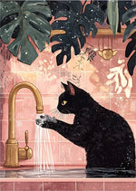 affiche toile chat noir toilettes plantes papier peint vintage humour illustration wall art decoration