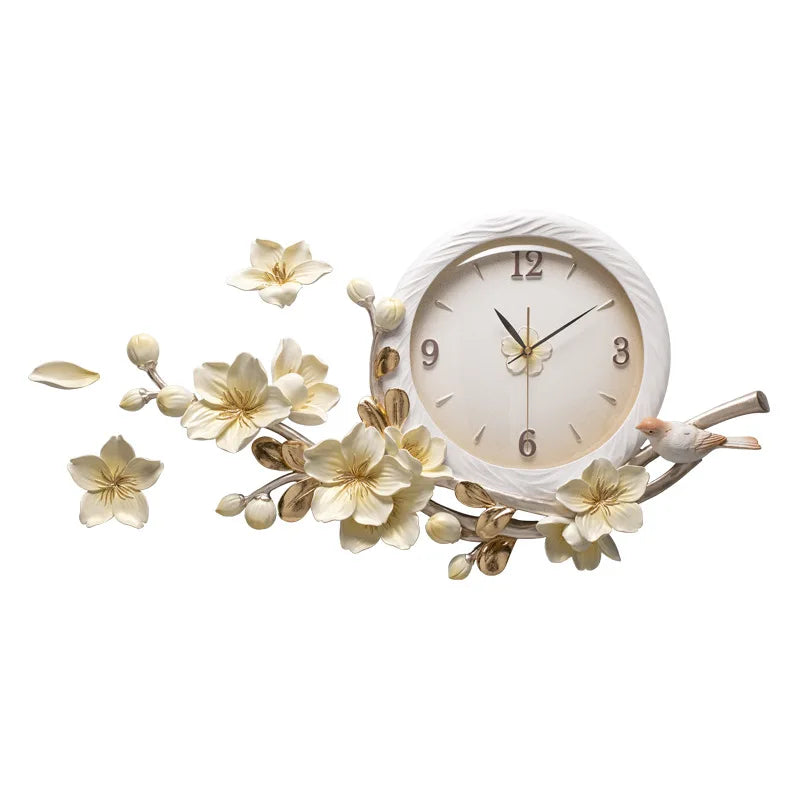 horloge murale moderne fleurs dorées blanches peinte main nordique opacité aluminium cuivre fixation