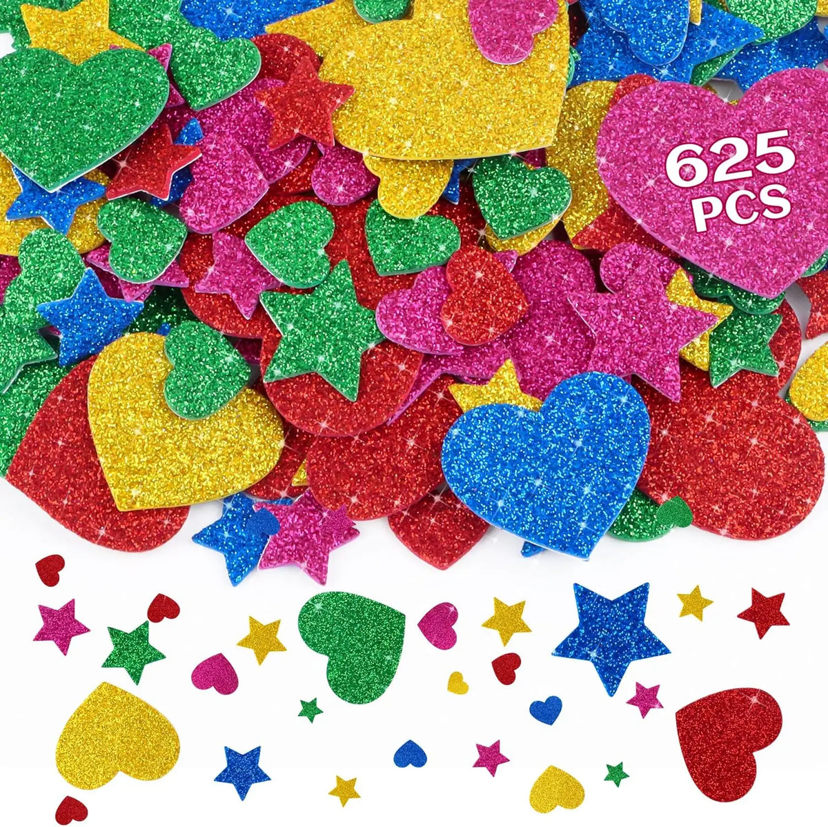 stickers mousse brillants coeurs étoiles multicolores adhésifs décoration festive valentin rouges verts bleus jaunes