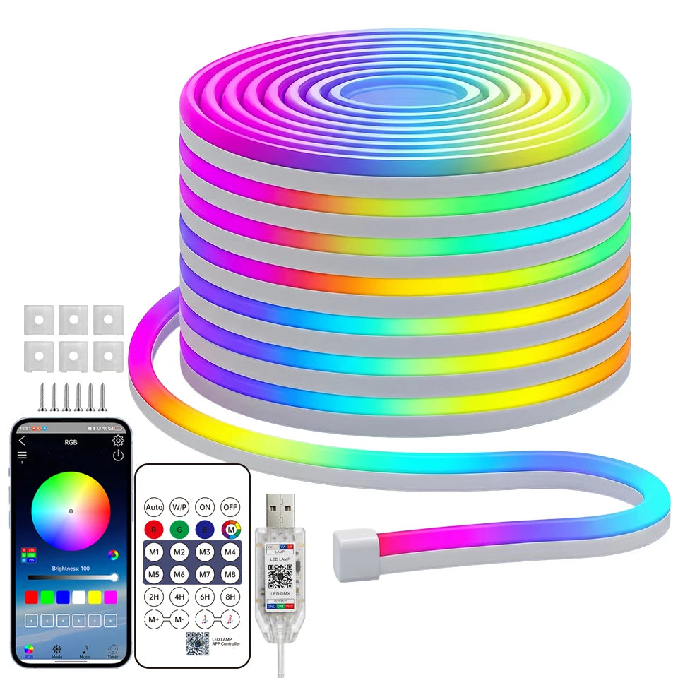 ruban led flexible multicolore moderne télécommande application bluetooth clips fixation