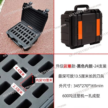 boîte rangement pratique robuste noir orange intérieure mousse compartiments étanches outils externes couteaux pliants