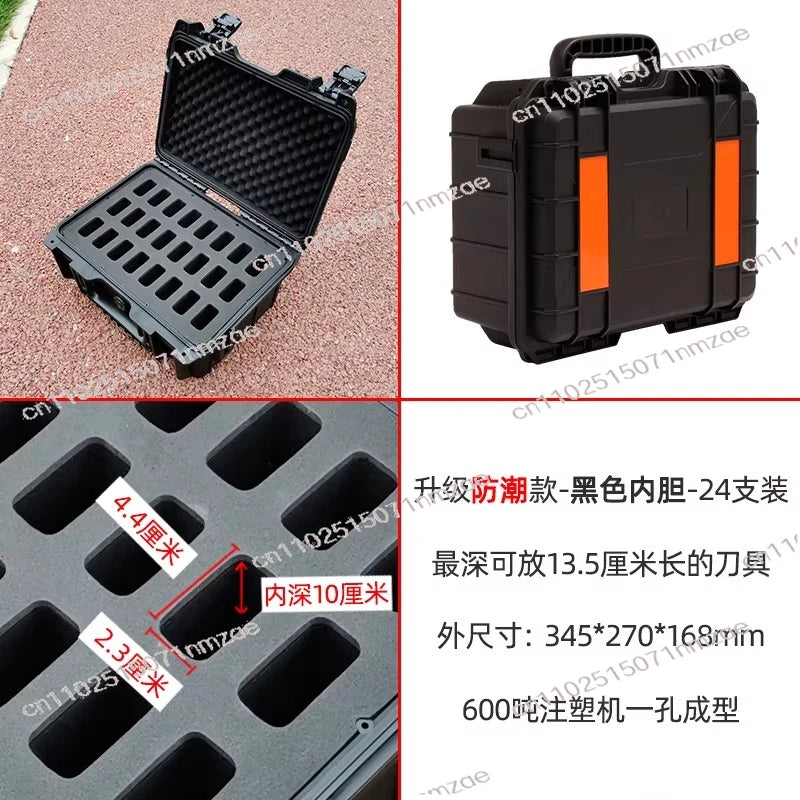 boîte rangement pratique robuste noir orange intérieure mousse compartiments étanches outils externes couteaux pliants