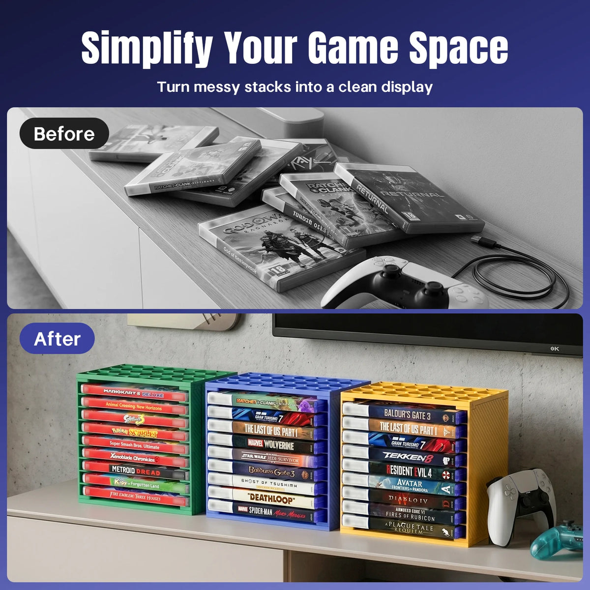 support rangement rack hexagonal moderne couleur vert bleu jaune étui cartes jeu stickers classification