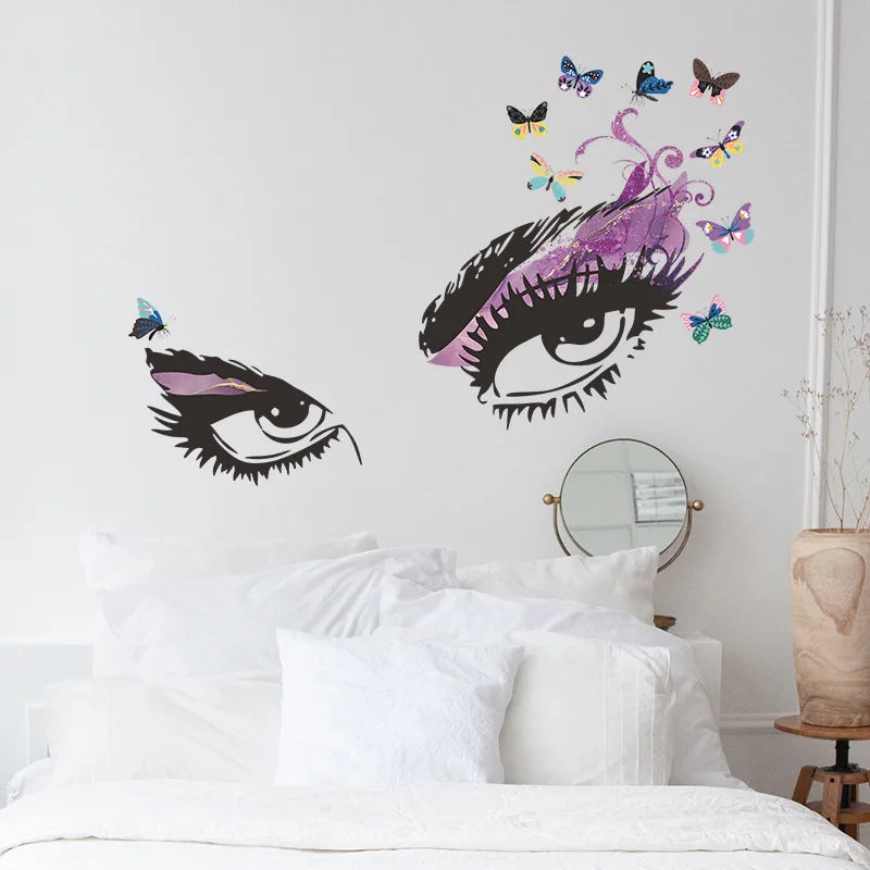 sticker mural yeux stylisés adhésif pvc résistant eau moderne artistique noir violet bleu rose