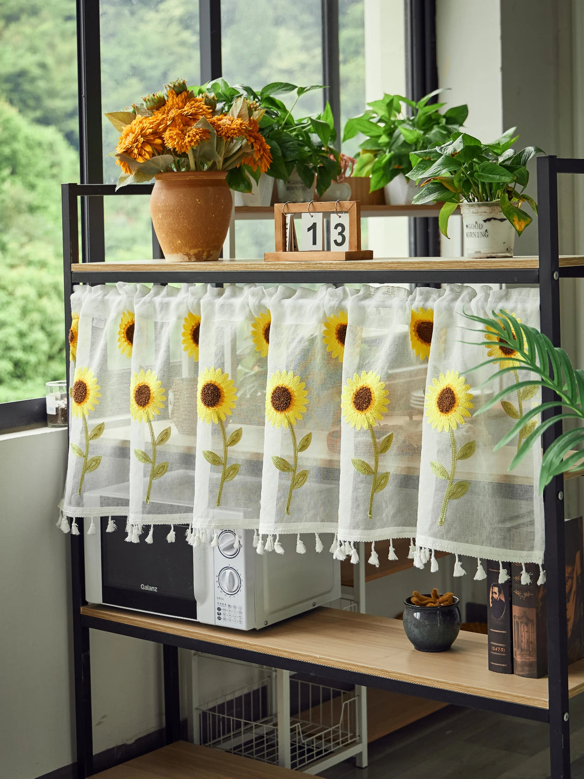 rideau blanc tournesols brodés feuilles vertes franges fenêtre japonais coréen translucide