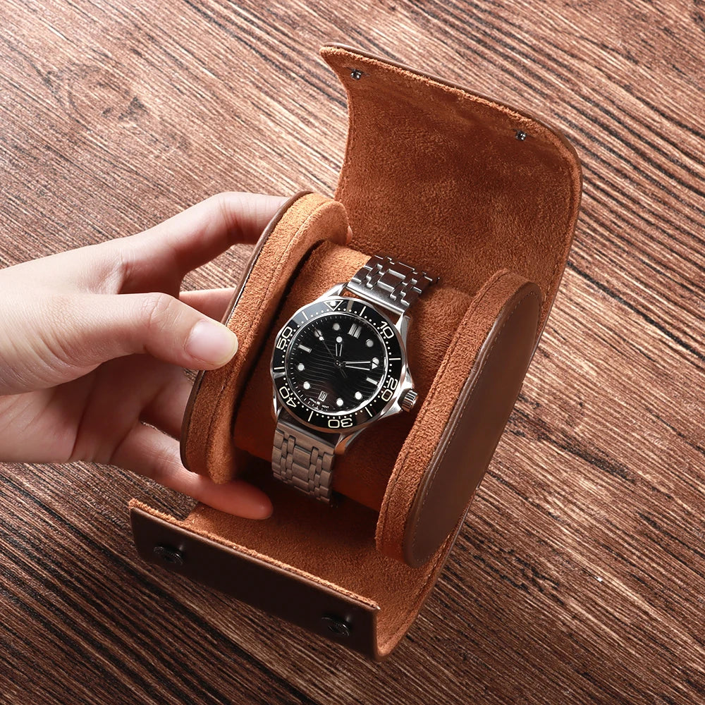 boîte montres vintage simili cuir marron bleu clips métalliques coussins amovibles slots